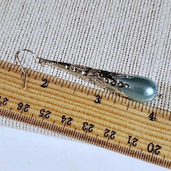 Sustainable Lacy Silver Filigree Light Blue Faux Pearl Long Teardrop Earrings - Picture 6 of 6